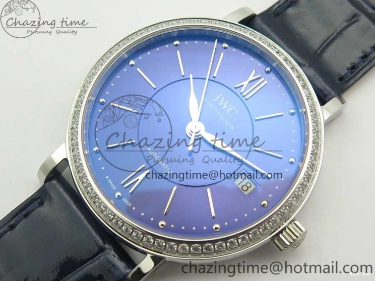 MIROTIME 1224 Fashionable Portofino IW458101 Diamond Bezel SS MK 1:1 Best Edition Blue Dial On Blue Leather Strap MIYOTA 7169